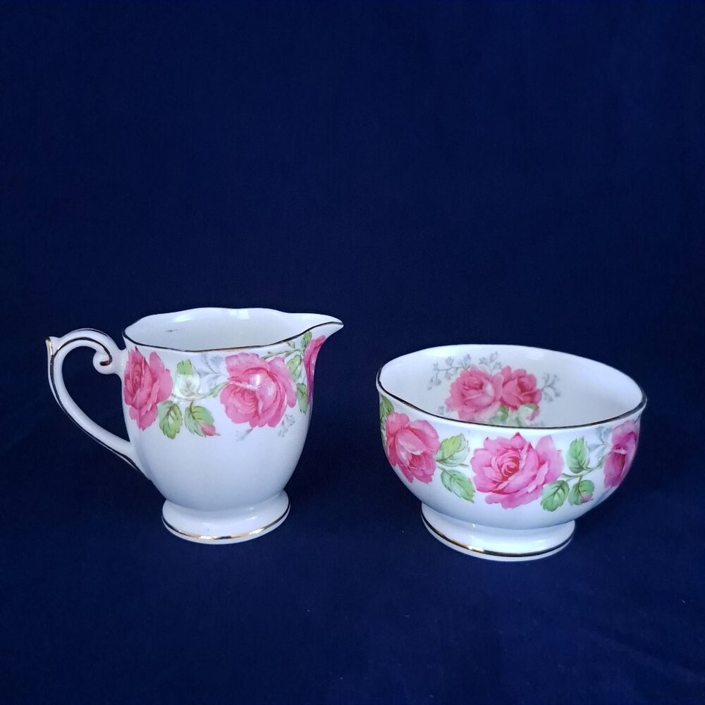 Vintage Bell China Creamer & Sugar Bowl Set With Pink Roses